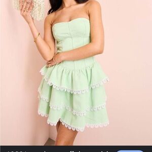 Strapless Green Dress with Lace Trim